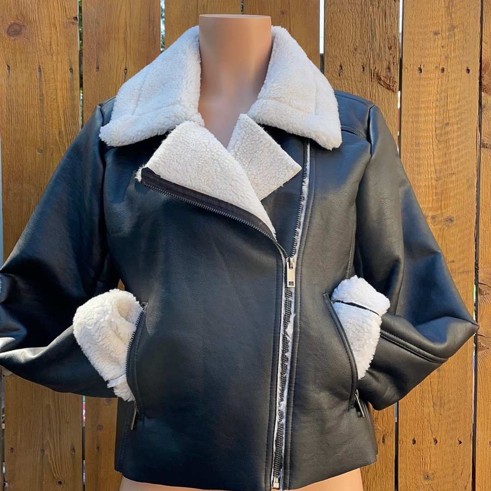 Fully lined faux fur non-leather moto jacket